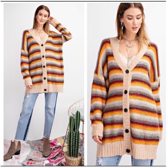 Easel Striped Bohemian Oversized Loose Fit Cardigan Sweater FREE SHIPPING - Picture 1 of 8
